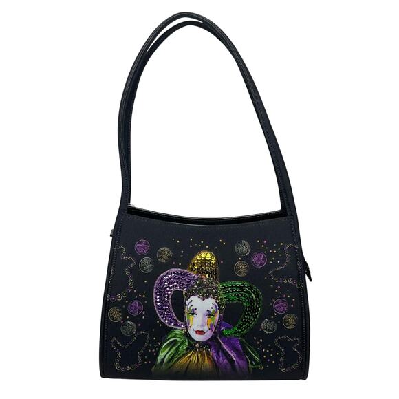 Women's Mardi Gras Jester W/Sequins Purse Hand Bag 11.5”w 3.25”d 18.5”h Vintage - Picture 1 of 10